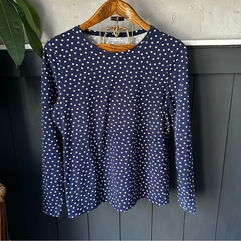 Talbots Navyā and White Polka Dot Long Sleeve Crewneck Top size Large